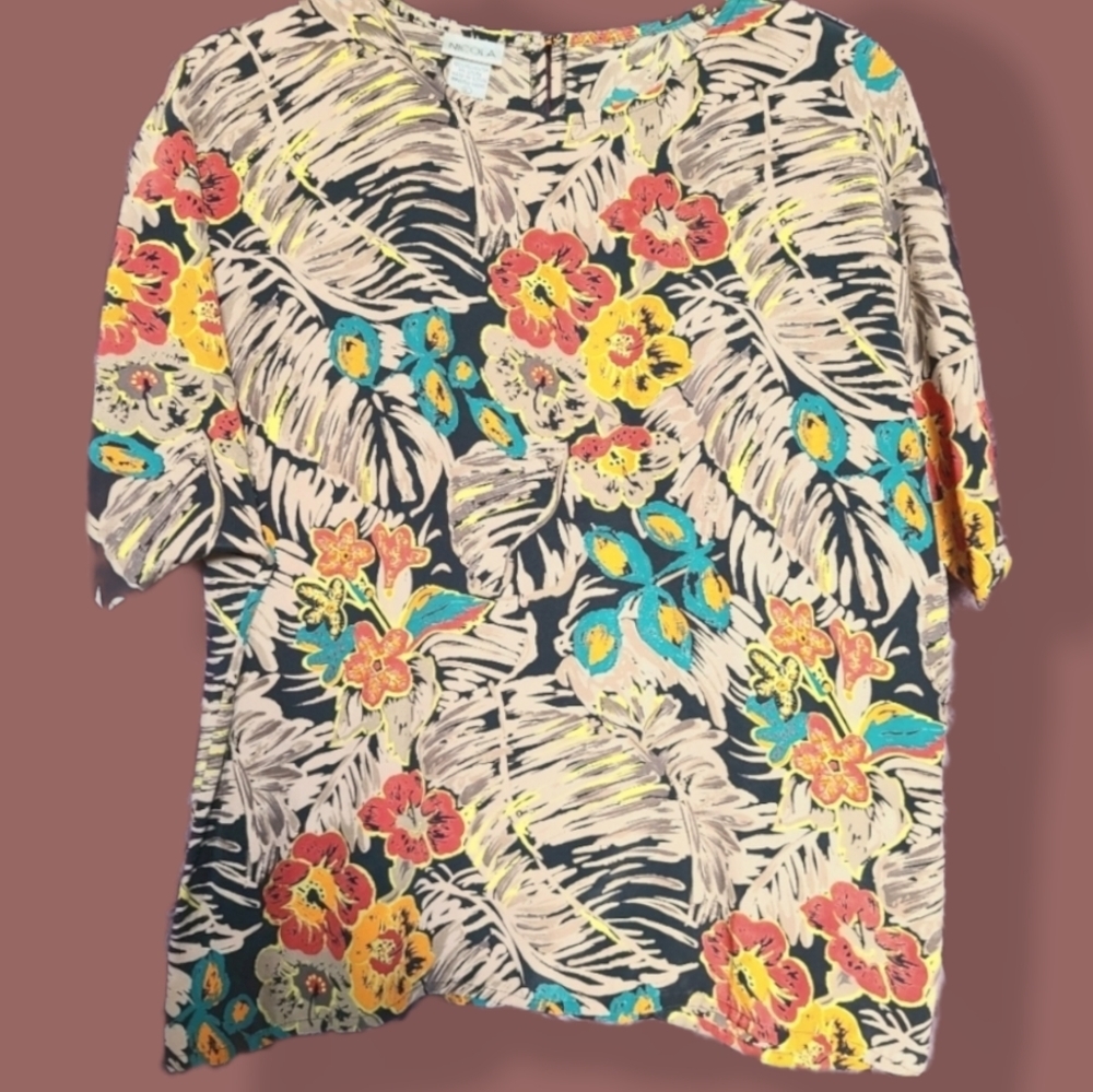 NICOLA Gold, Red, & Teal Tropical Florals Pattern Short-Sleeve Blouse size L